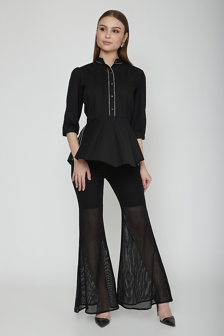 Black Cotton Satin Peplum Shirt Design by Our.Love at Pernia's Pop Up ...