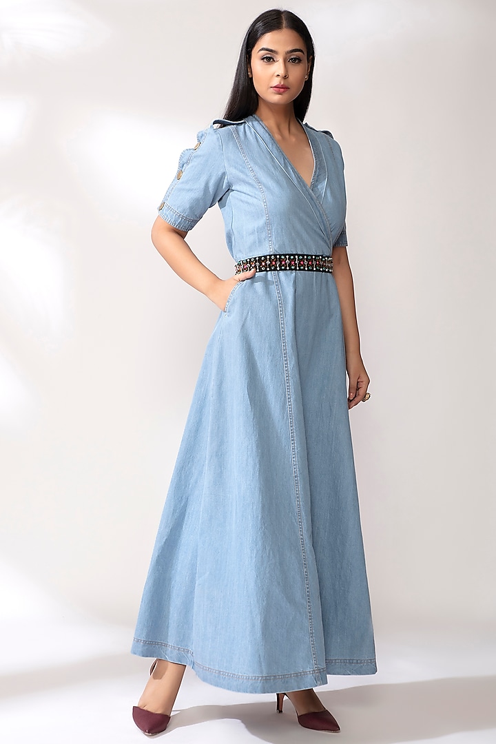Sky Blue Denim Dress With Belt by Our Love