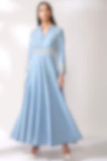 Sky Blue Anarkali With Pearl Detailing by Our Love