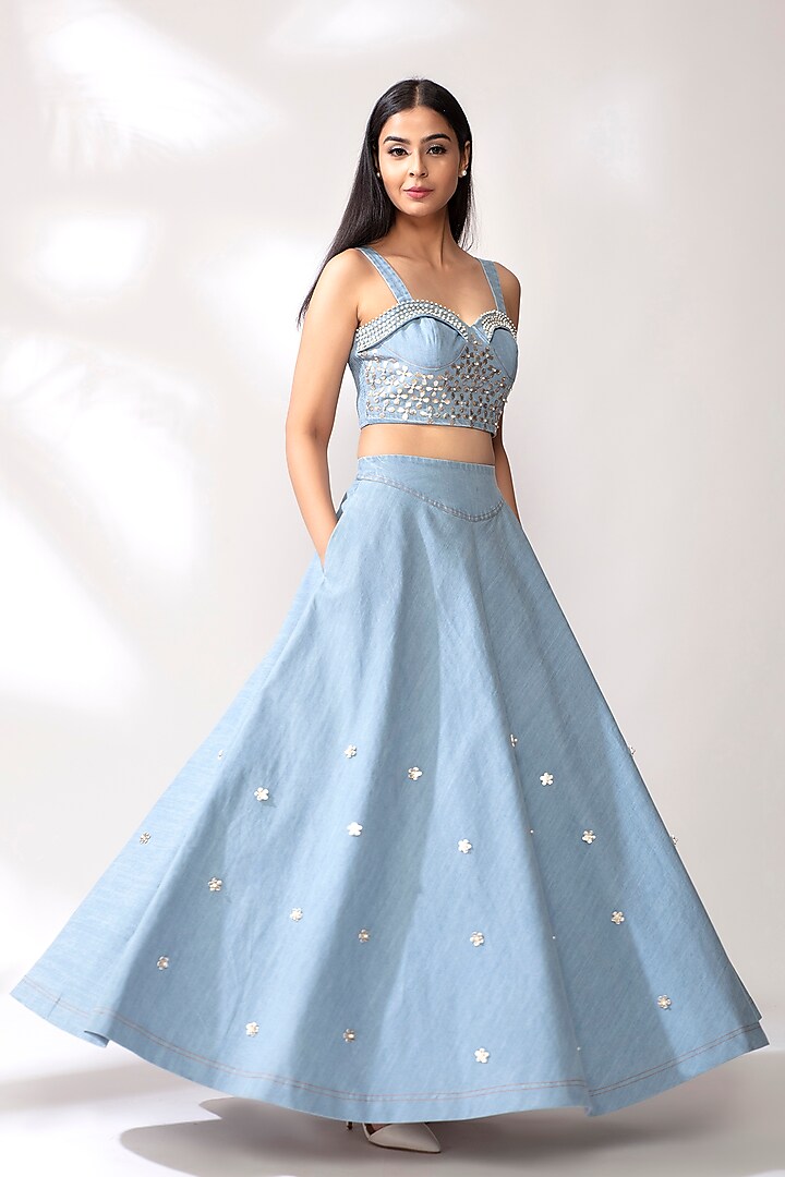 Sky Blue Pearl Detailed Lehenga Set by Our Love