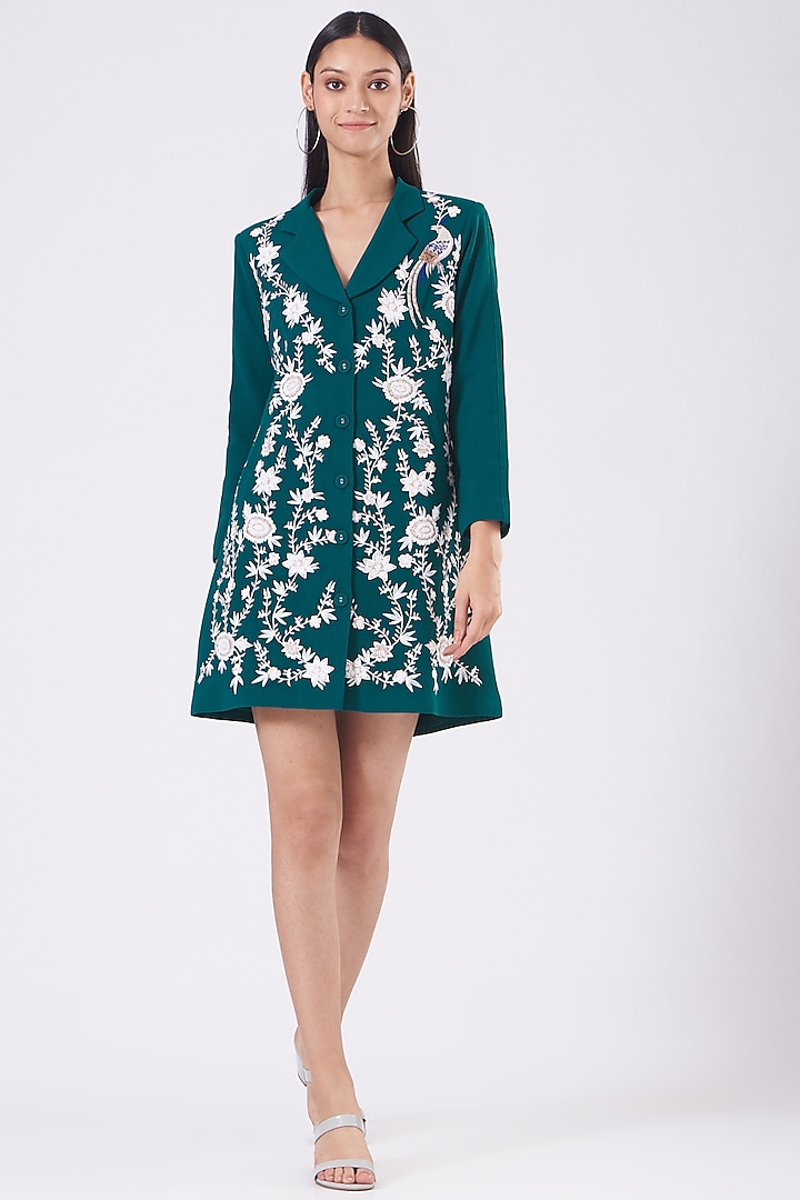 Deep Turquoise Embroidered Jacket Dress Design by Our Love at Pernia's