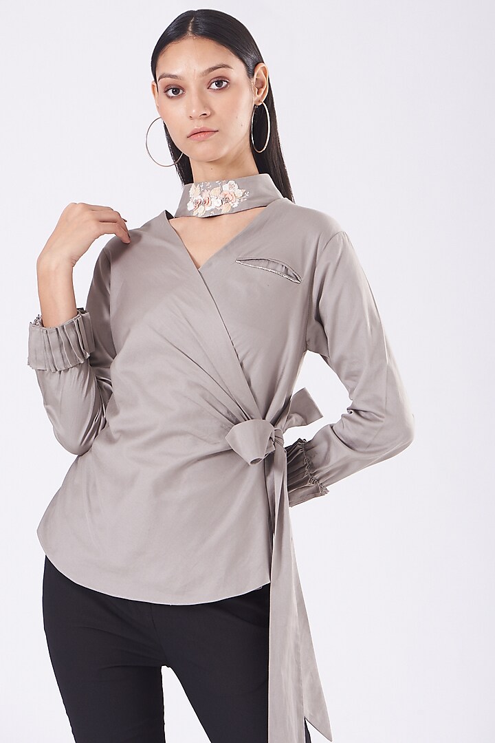 French Grey Cotton Satin Tie-Knotted Top by Our Love