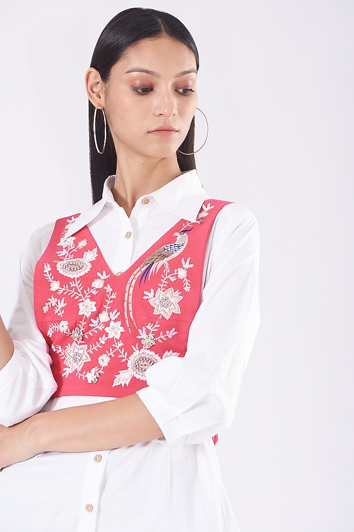 White Cotton Satin Shirt With Sky Pink Waist Jacket by Our Love at Pernia's Pop Up Shop