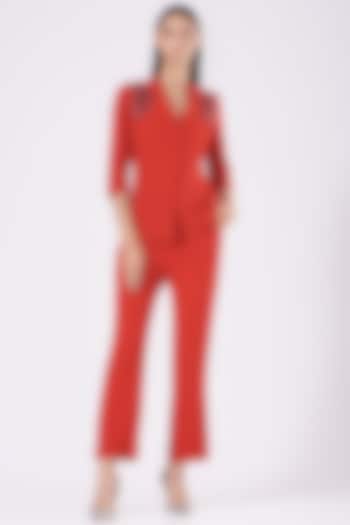 Fiery Red Bubble Crepe Narrow Pant Set by Our Love