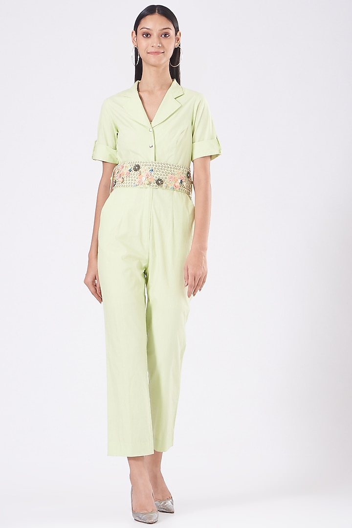 Glossy Mint Cotton Poplin Jumpsuit With Belt by Our Love