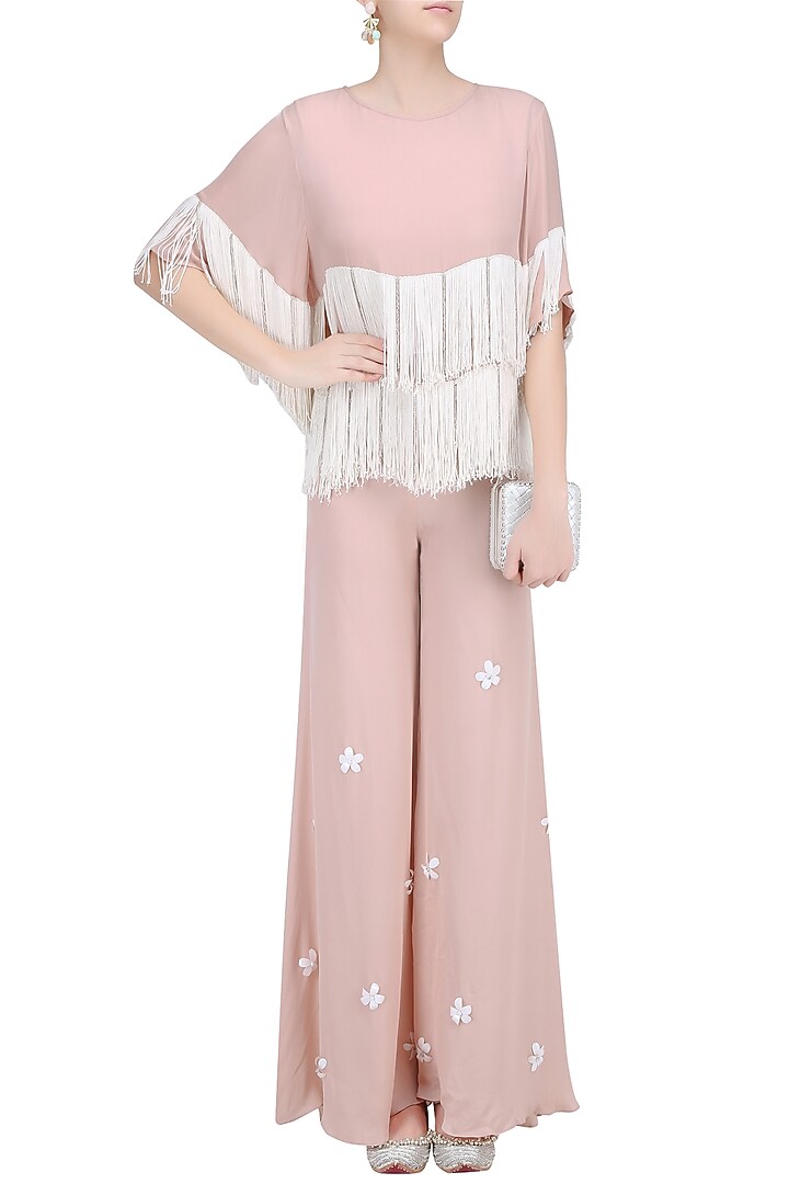 Blush and ivory fringe tassel top and 3D flower motifs palazzo pants set available only at Pernia's Pop Up Shop.