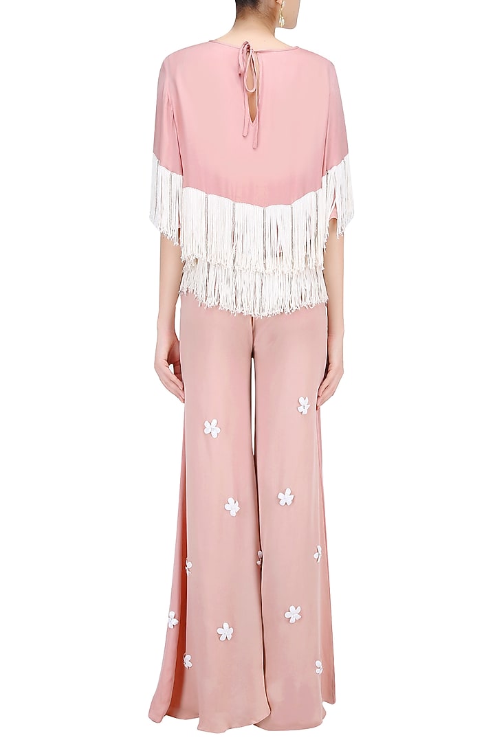 Blush and ivory fringe tassel top and 3D flower motifs palazzo pants set available only at Pernia's Pop Up Shop.