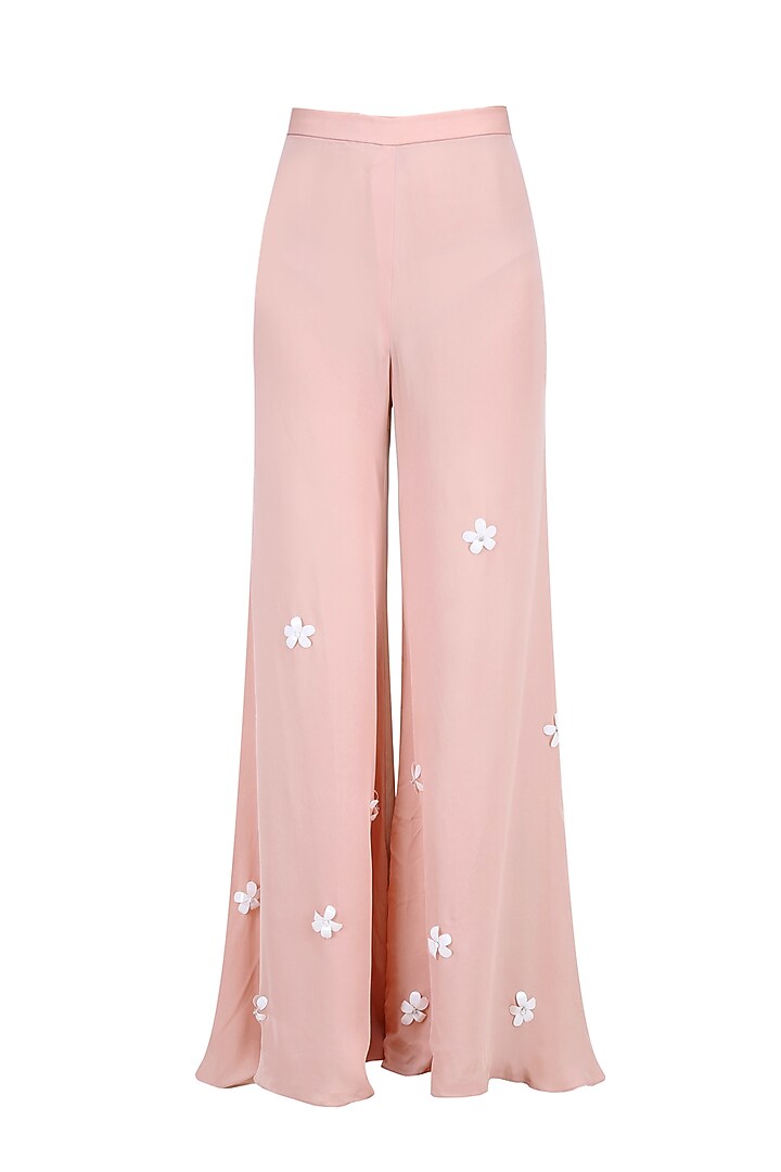 Blush and ivory fringe tassel top and 3D flower motifs palazzo pants set available only at Pernia's Pop Up Shop.