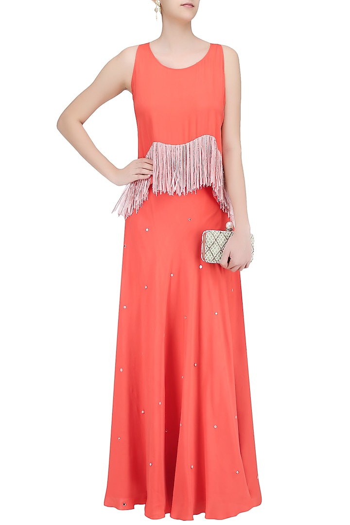 Coral fringe tassel top and sequinned lehenga skirt set available only at Pernia's Pop Up Shop.