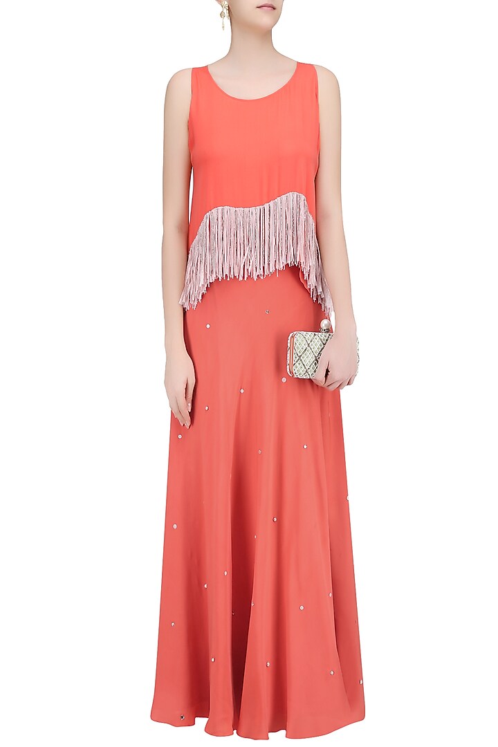 Coral fringe tassel top and sequinned lehenga skirt set available only at Pernia's Pop Up Shop.