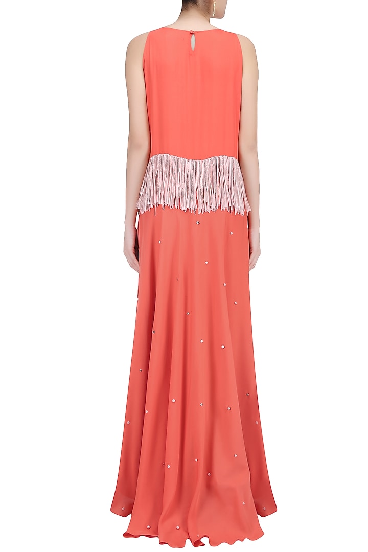 Coral fringe tassel top and sequinned lehenga skirt set available only at Pernia's Pop Up Shop.