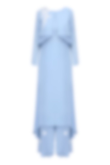Ice blue resham embroidered kurta and 3D flower motifs palazzo pants set available only at Pernia's Pop Up Shop.