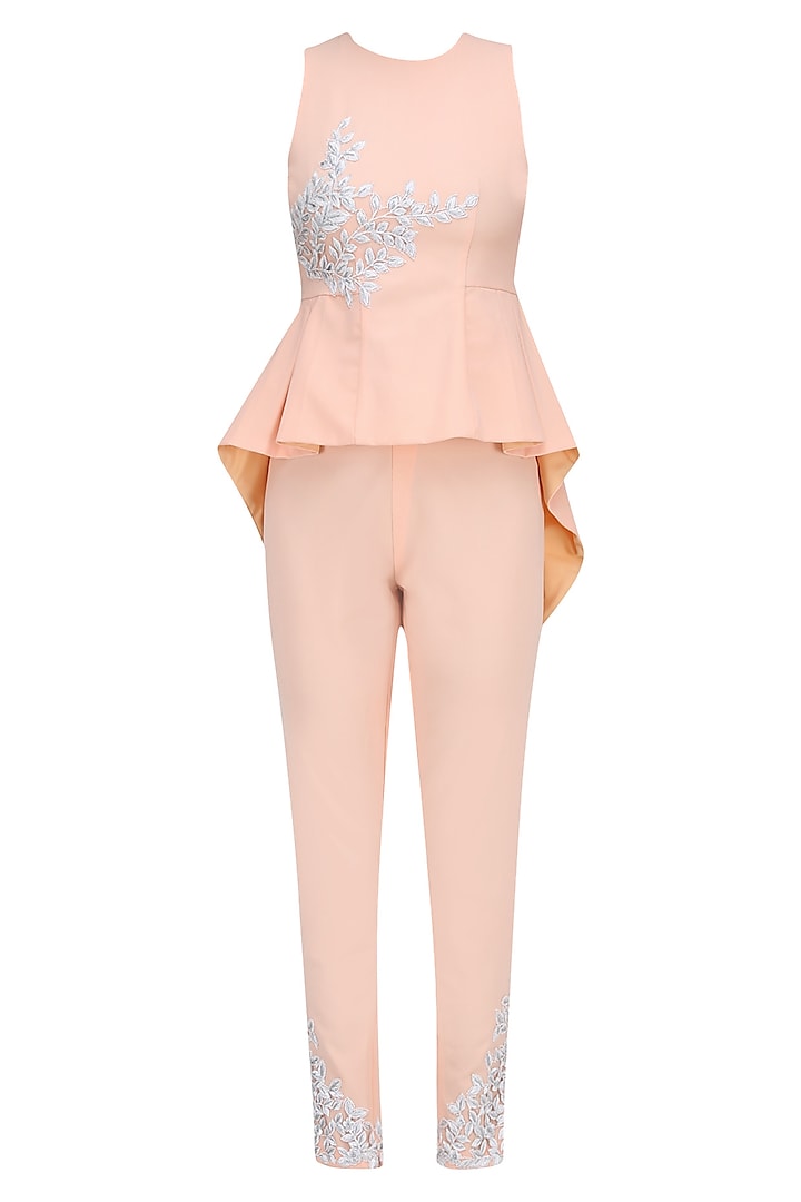 Apricot Resham Embroidered High Low Peplum Top and Pants Set by Ohaila Khan