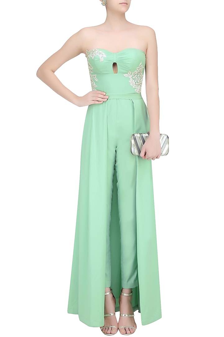 Mint Sage Resham Embroidered Jumpsuit Gown with Detachable Skirt by Ohaila Khan