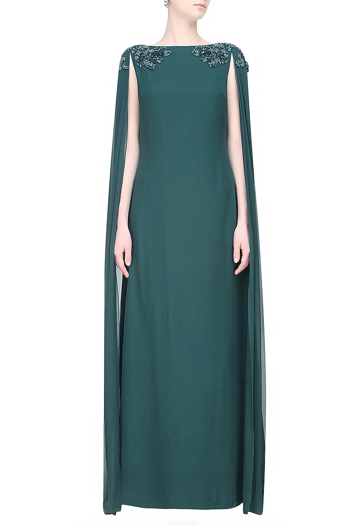 Ohaila Khan presents Teal green floral pearls, crystal, beads and sequins embroidered cape gown available only at Pernia's Pop Up Shop.