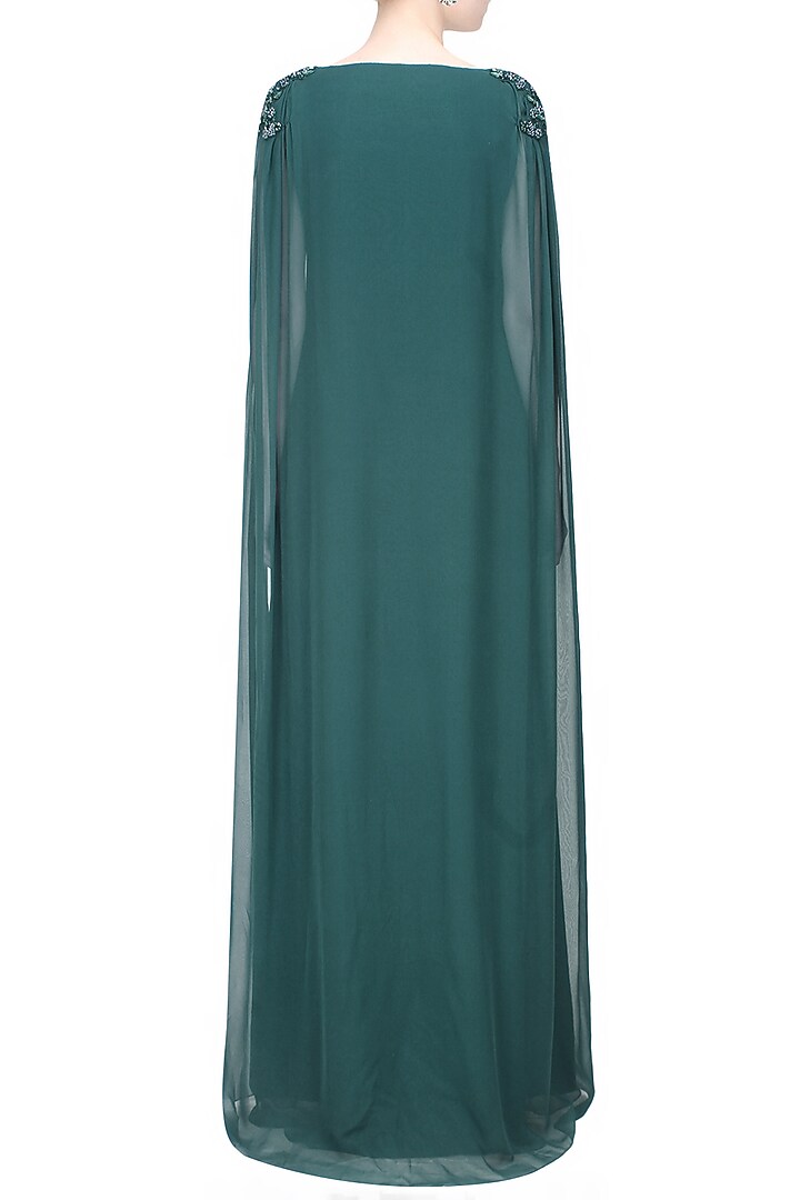 Ohaila Khan presents Teal green floral pearls, crystal, beads and sequins embroidered cape gown available only at Pernia's Pop Up Shop.