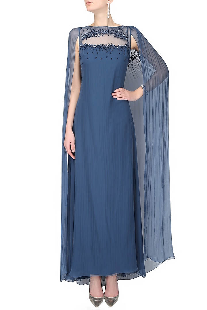 Ohaila Khan presents Cobalt blue leaf thread and sequins embroidered draped cape gown available only at Pernia's Pop Up Shop.