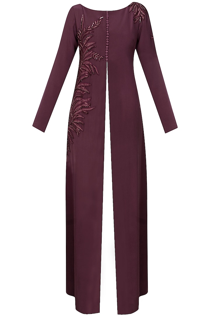 Aubergine leaf embroidered front open high slit cape jacket and navy blue pants set by Ohaila Khan