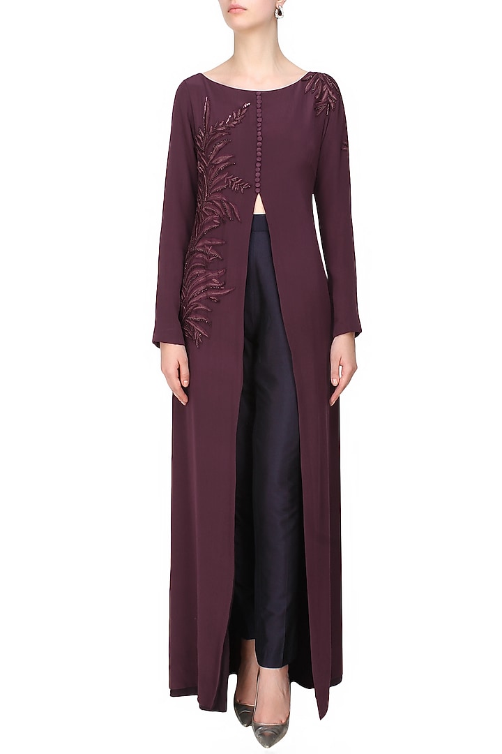 Ohaila Khan presents Aubergine leaf embroidered front open high slit cape jacket and navy blue pants set available only at Pernia's Pop Up Shop.