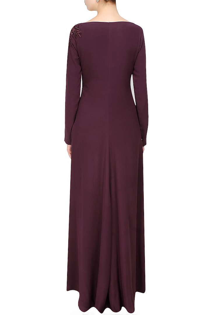 Ohaila Khan presents Aubergine leaf embroidered front open high slit cape jacket and navy blue pants set available only at Pernia's Pop Up Shop.