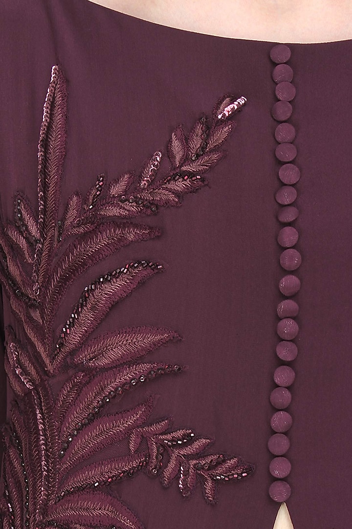Ohaila Khan presents Aubergine leaf embroidered front open high slit cape jacket and navy blue pants set available only at Pernia's Pop Up Shop.