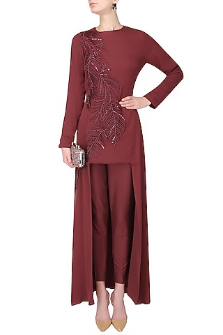 Ruby leaf pattern pearl, sequins and beads embroidered cape and pants set by Ohaila Khan