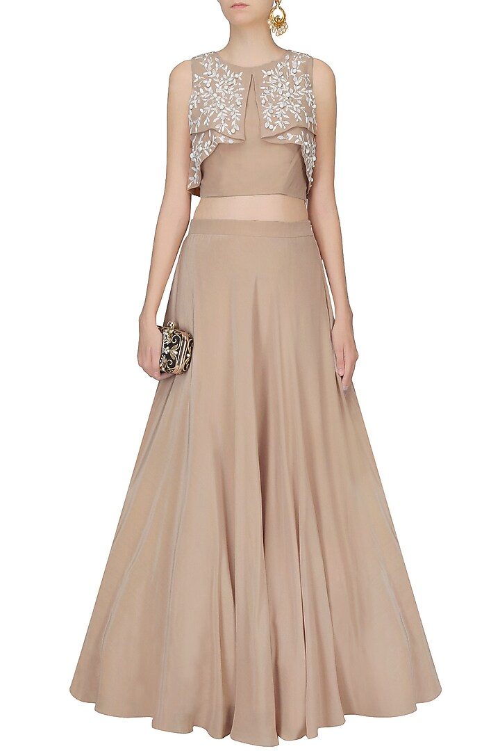 Beige and ivory sequins cutwork flower petals serfiana lehenga set available only at Pernia's Pop Up Shop.