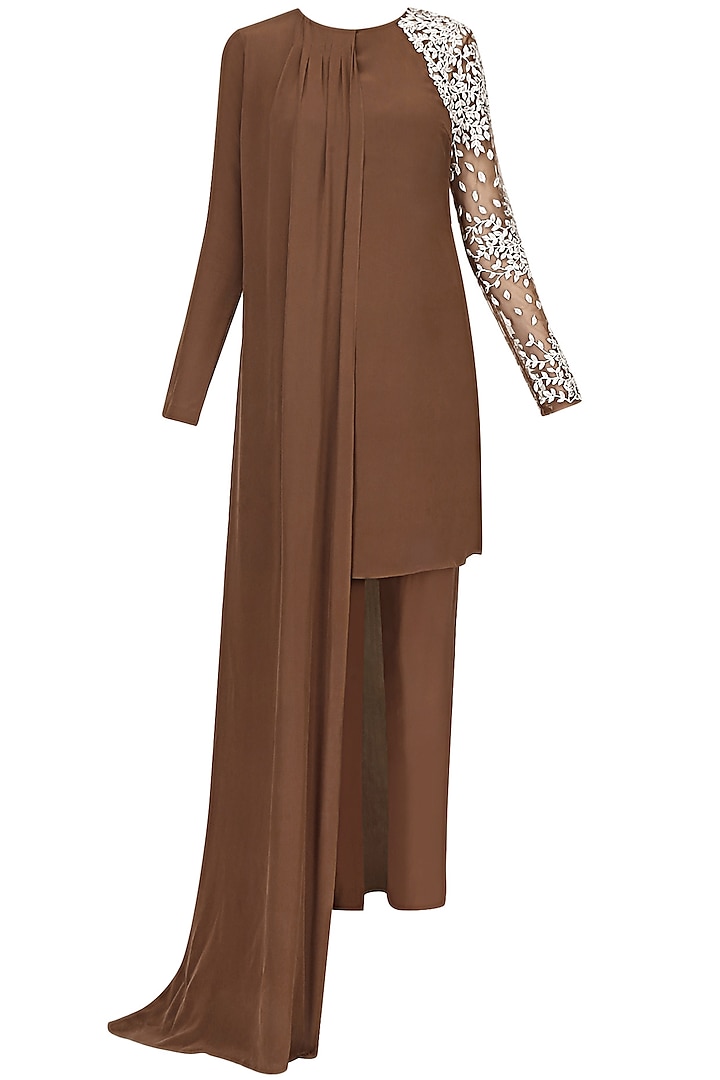 Brown Resham Embroidered Flowers Cape Kurta And Trouser Pants Set by Ohaila Khan