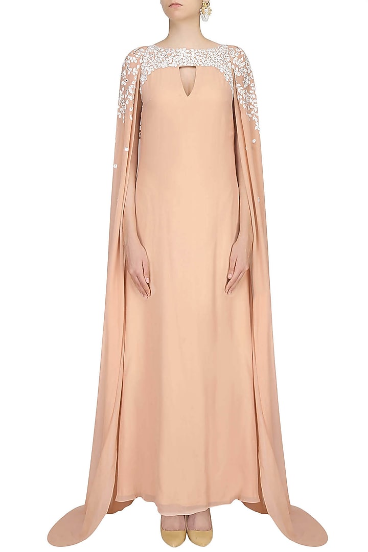 Caramel, ivory and silver floral embroidered cape gown available only at Pernia's Pop Up Shop.