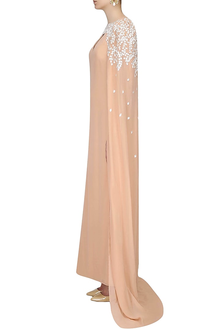 Caramel, ivory and silver floral embroidered cape gown available only at Pernia's Pop Up Shop.