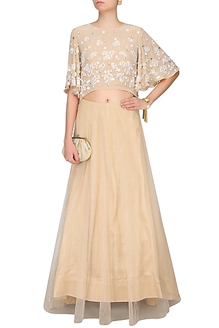 Beige Floral Lace Cutwork Cape Blouse And Lehenga Skirt Set by Ohaila Khan