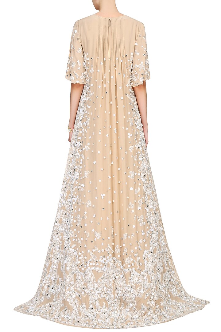 Beige floral lace cutwork cape blouse and lehenga skirt set available only at Pernia's Pop Up Shop.