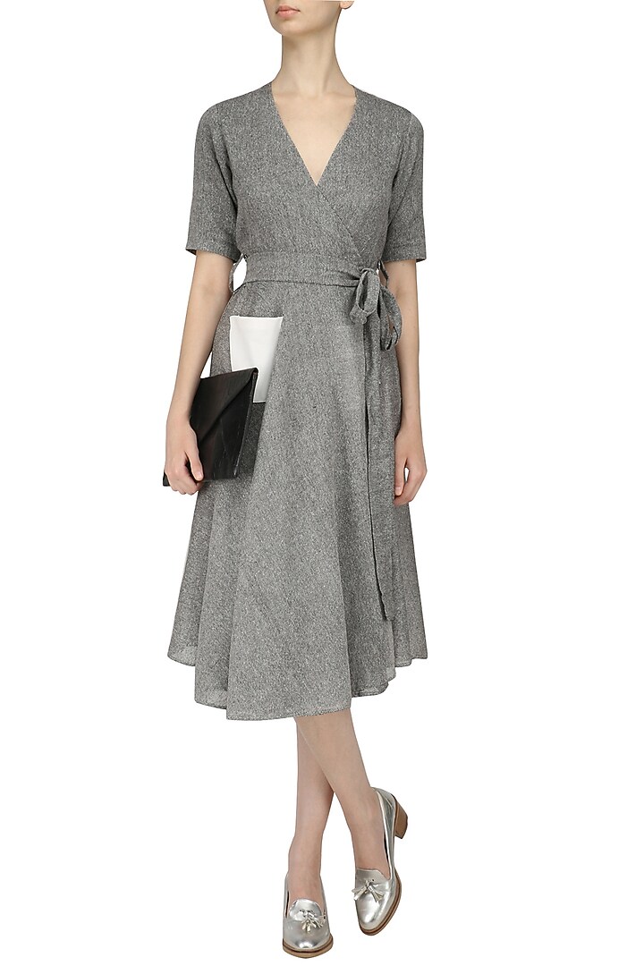 Grey gathered skirt and wrap waist midi dress available only at Pernia's Pop Up Shop.
