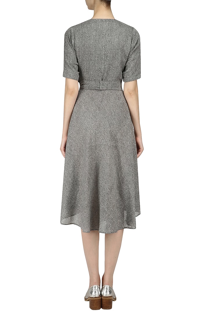 Grey gathered skirt and wrap waist midi dress available only at Pernia's Pop Up Shop.