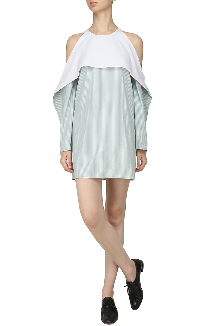 White and blue cold shoulder ruffle dress available only at Pernia's Pop Up Shop.