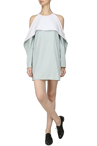 White and Blue Cold Shoulder Ruffle Dress by Olio