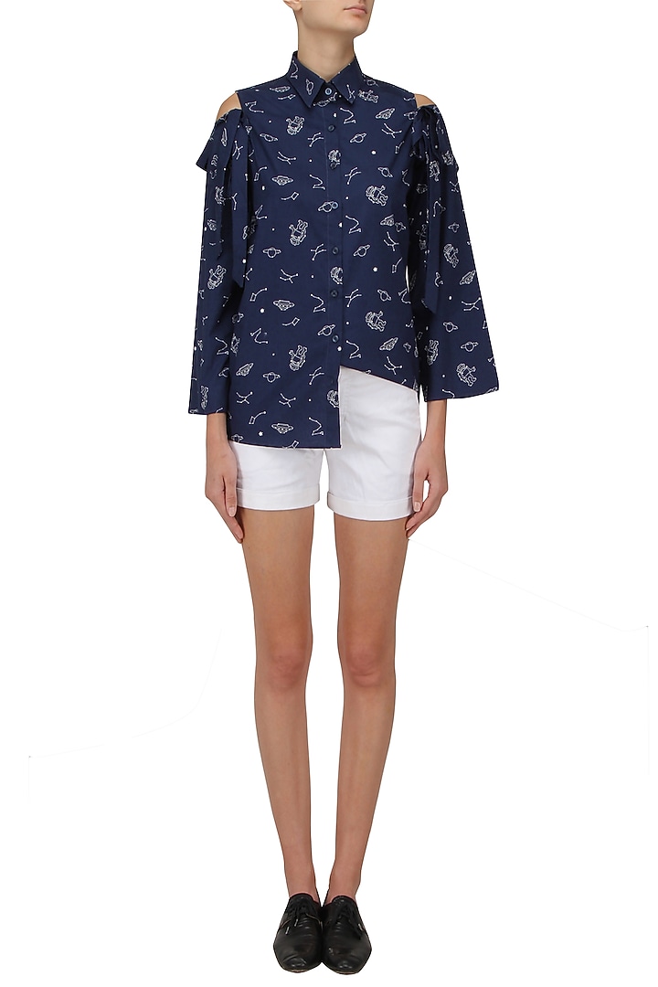 Blue cold shoulder button down shirt available only at Pernia's Pop Up Shop.