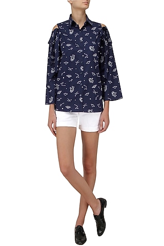 Blue Cold Shoulder Button Down Shirt by Olio