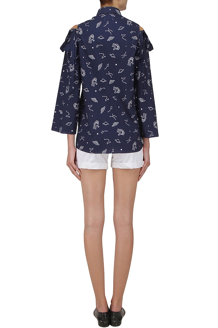 Blue cold shoulder button down shirt available only at Pernia's Pop Up Shop.
