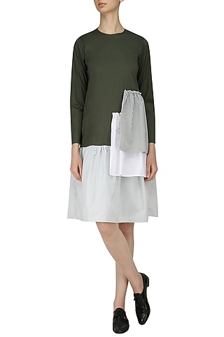 Green and White Drop Smock Midi Dress by Olio