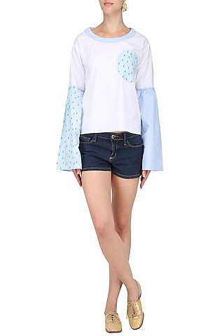 White and Green Bell Sleeves Top by Olio