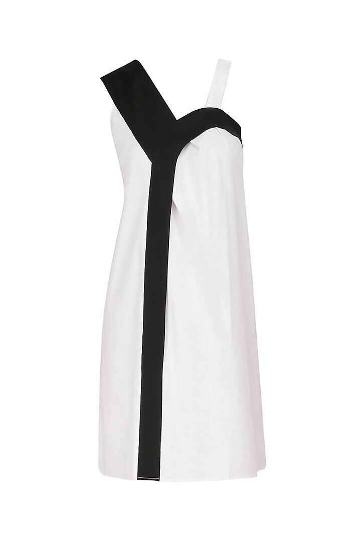 White and Black Color Block Shift Dress by Olio