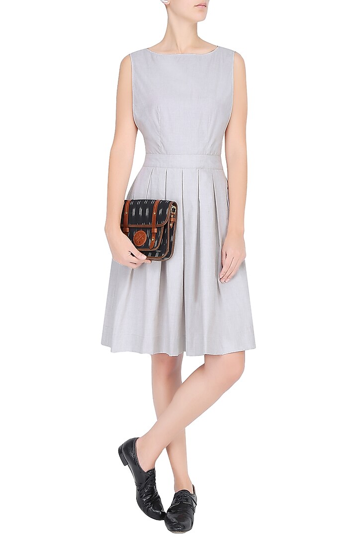 Grey cross back box pleated midi dress available only at Pernia's Pop Up Shop.