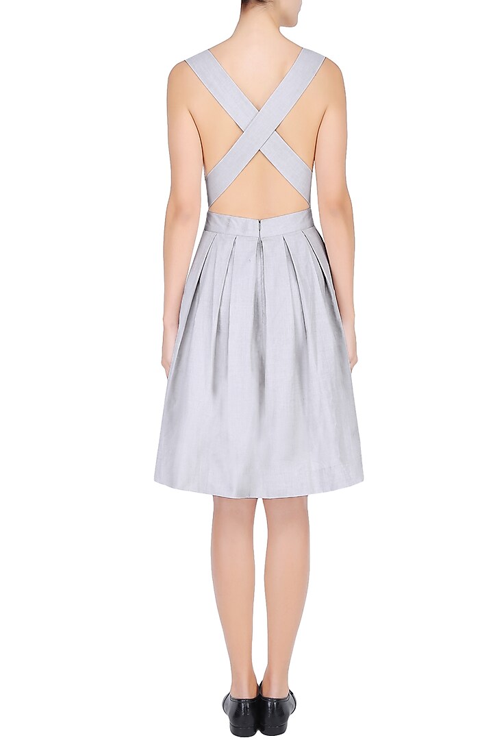 Grey cross back box pleated midi dress available only at Pernia's Pop Up Shop.