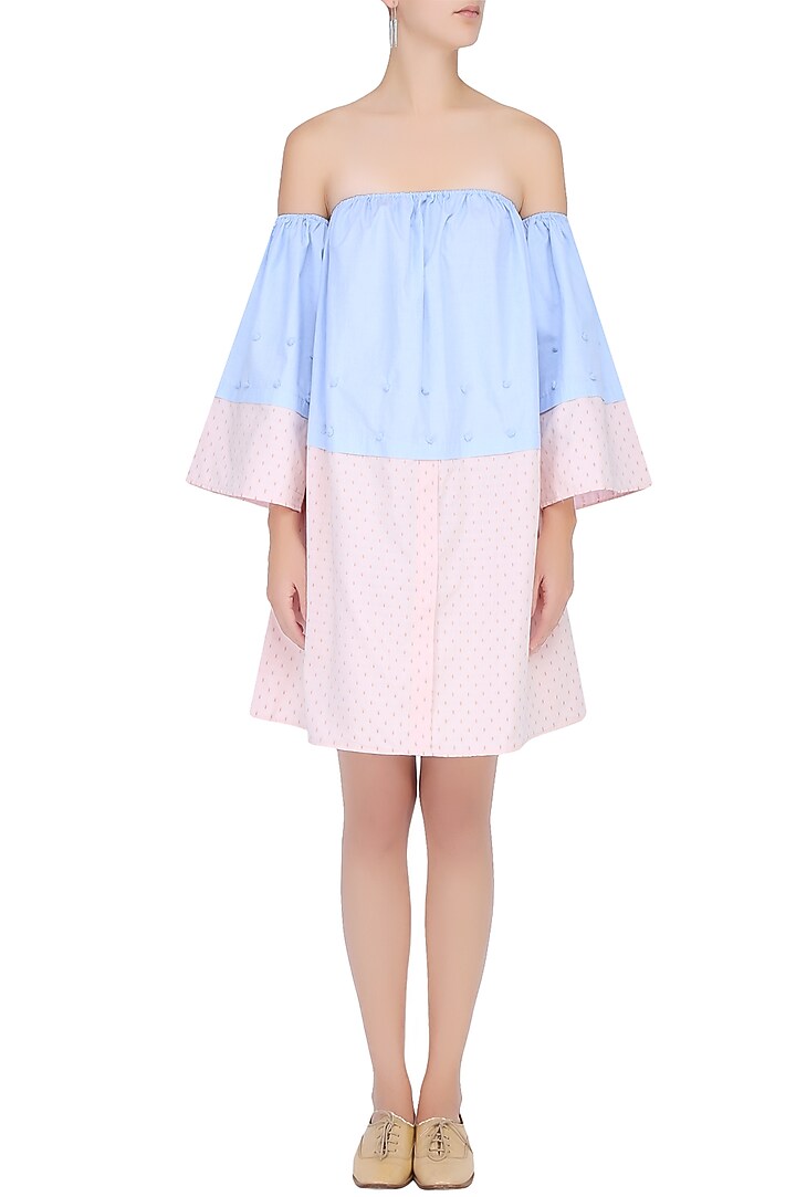 Blue and pink color blocked off shoulder dress available only at Pernia's Pop Up Shop.
