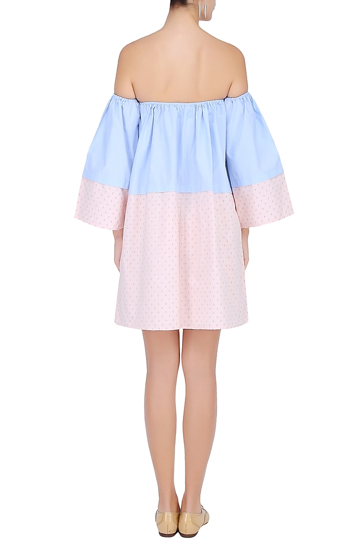 Blue and pink color blocked off shoulder dress available only at Pernia's Pop Up Shop.