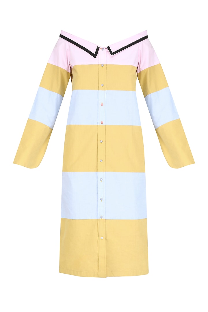 Mustard & Powder Blue Button-Down Off-Shoulder Dress by Olio