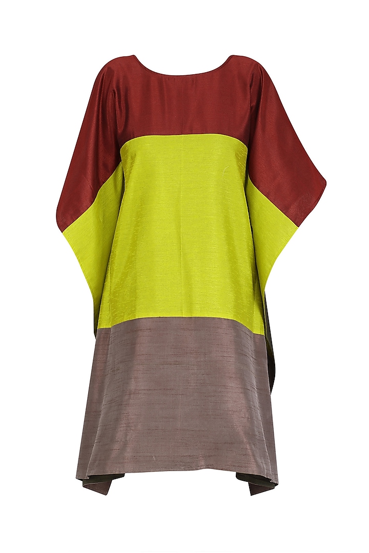 Maroon, Green and Grey Color Block Loose Fitted Dress by Olio