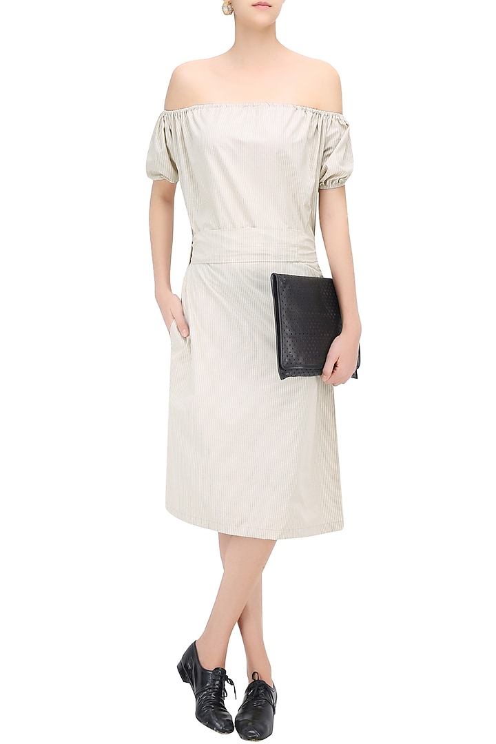 Mocha color off shoulder midi dress available only at Pernia's Pop Up Shop.