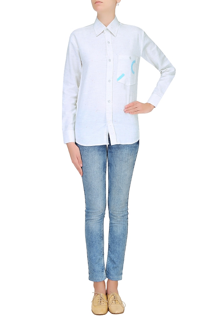 White unisex jigsaw button down shirt available only at Pernia's Pop Up Shop.